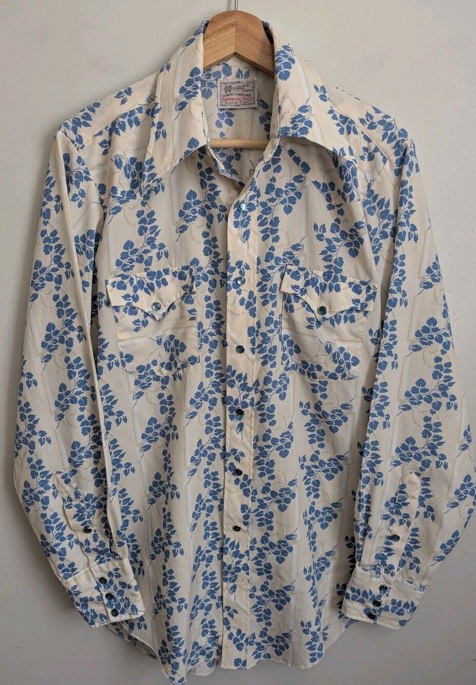 Vintage 70s H Bar C Ranchwear Long Tail Pearl Snap Shirt 44" Chest Blue Floral